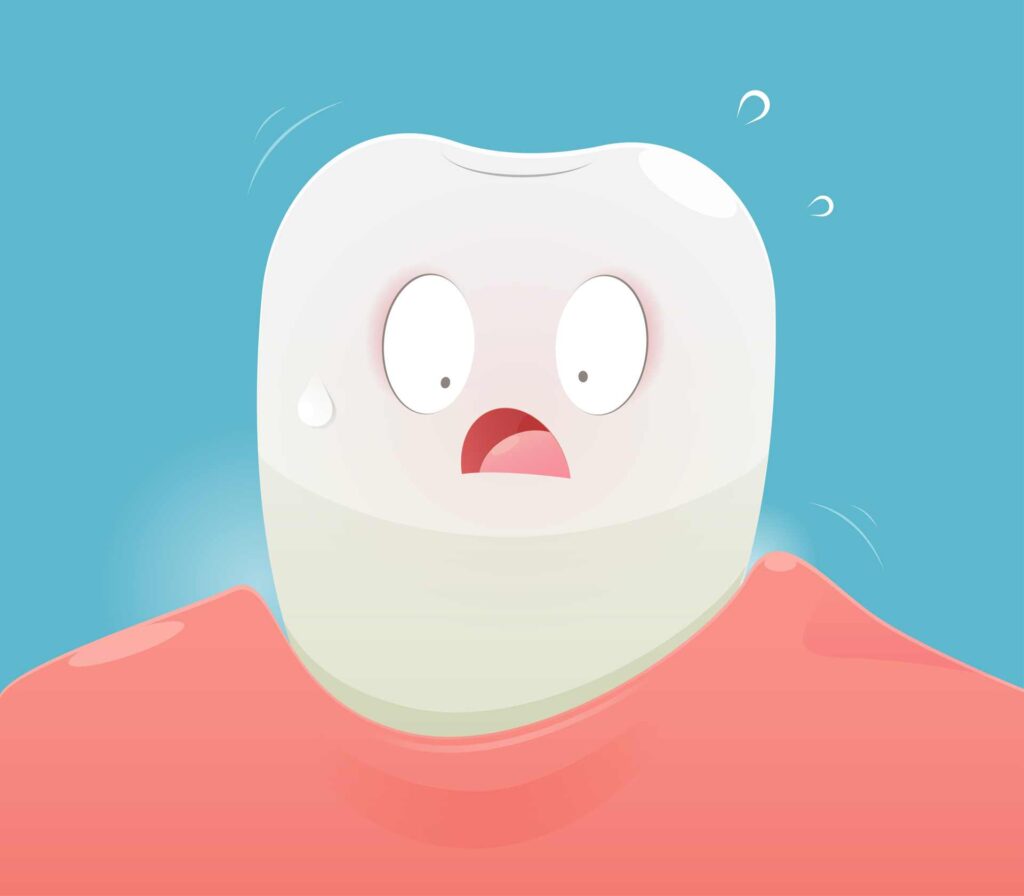 02 Graphical representation of gingival recession_A molar tooth frightened because its gums have separated