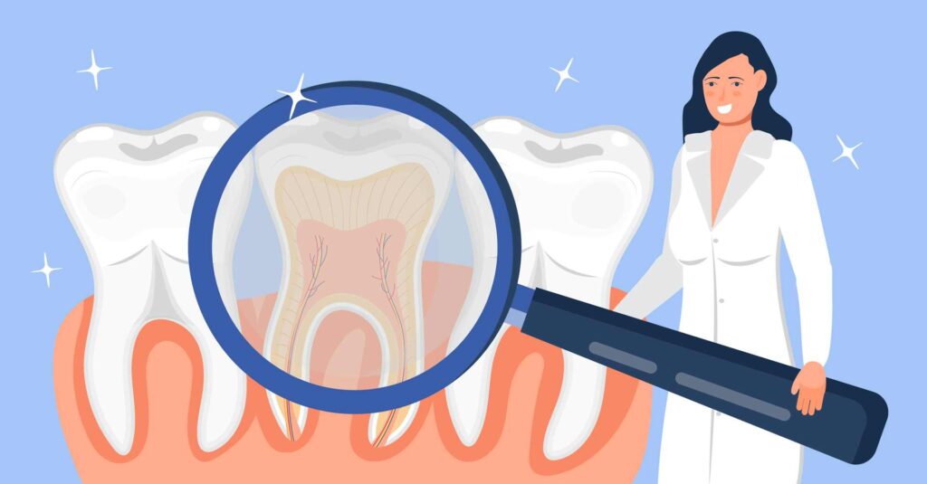 16 Dental care concept depicted by a dentist with a magnifying glass over molars_U.S. dental insurance covering implants